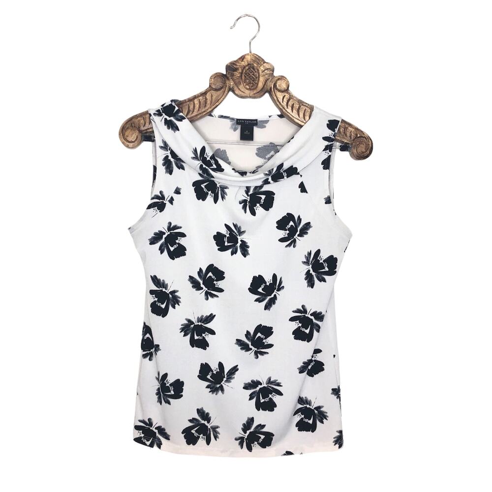 Ann Taylor Blouse Cowl Neck Pale Grey Floral Crepe Sleeveless Top Medium